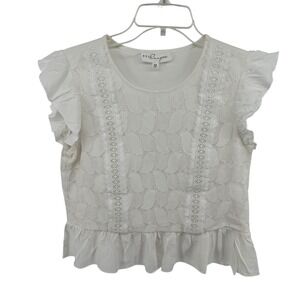 Brea Canyon White Lace Flutter Sleeve Ruffle Hem Top L21K2120SF Women's M